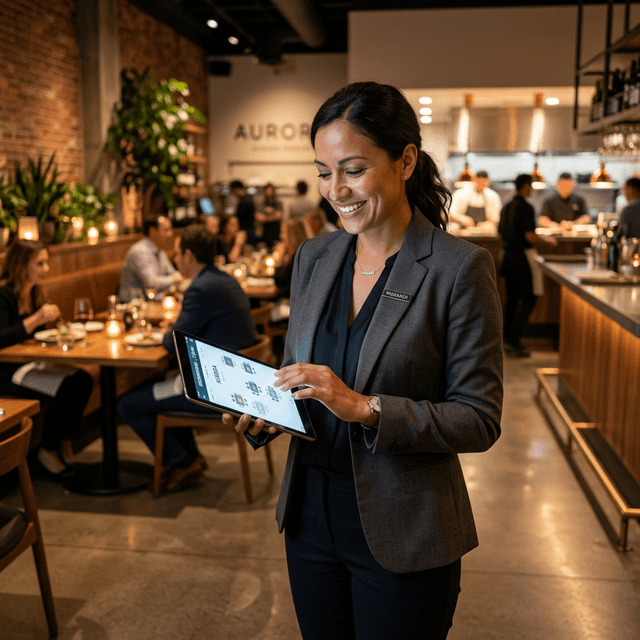 Restaurant managers happily reviewing actionable AI customer insights